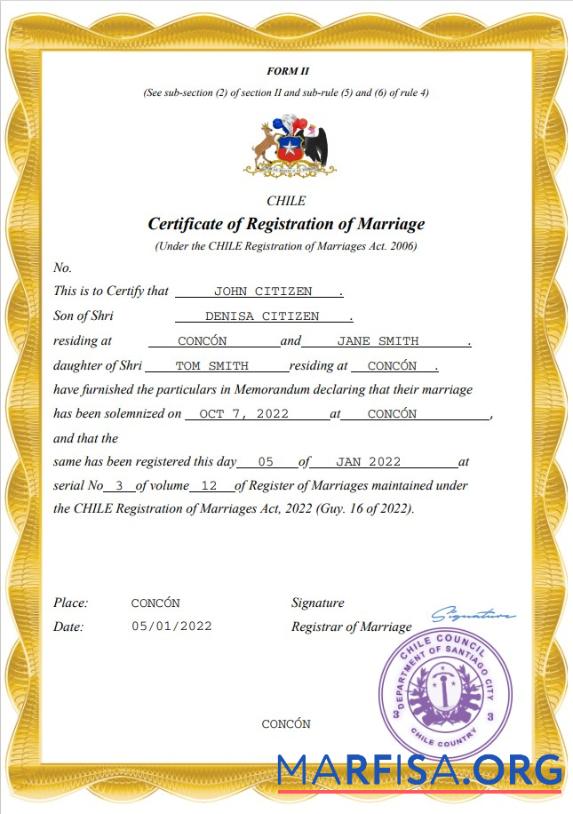 Printable Chile marriage certificate Word and PDF template